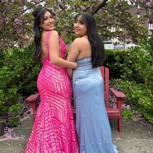 JOVANI PROM DRESS, neon pink sequin mermaid flare dress
